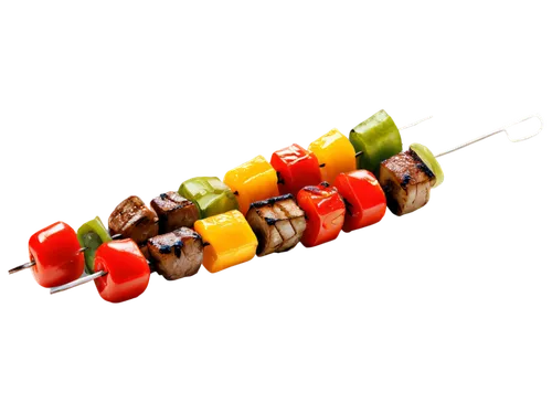 Savory kabob, metal skewer, grilled meat chunks, colorful vegetables, onions, bell peppers, mushrooms, cherry tomatoes, smoke effect, warm lighting, shallow depth of field, 3/4 composition, realistic 