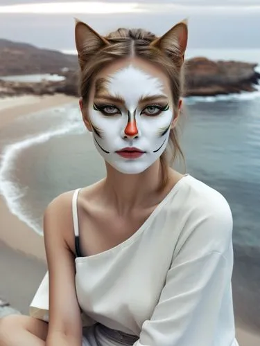 woman with cat face paint on sitting by the ocean,a girl with cat makeup on top of a beach,feline look,grizabella,sand fox,cat look,suara,khnopff,Photography,Black and white photography,Black and Whit