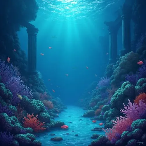 "Create a serene underwater paradise with bioluminescent sea creatures, vibrant coral reefs, and ancient ruins. Use soft, glowing colors and fluid forms to evoke a sense of peace and mystery beneath t