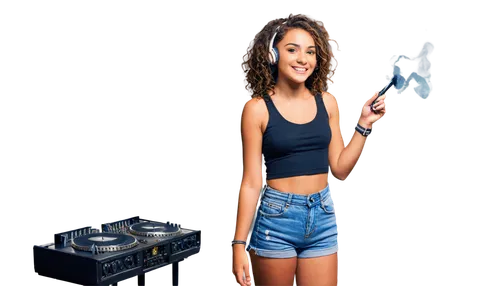 Free DJ, young woman, nightclub, solo, (20yo), bright smile, bold eyeliner, curly brown hair, gold earrings, black tank top, ripped denim shorts, high heels, turntables, headphones, microphone, dynami