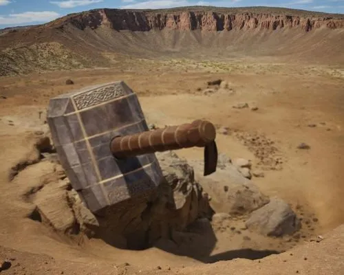 Make the rest of the picture. The hammer is surrounded by a big crater. The background is the New Mexico desert. Realistic detailed.,rhyolite,the atacama desert,mars rover,moab,desierto,valles,atacama