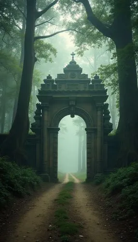 A mysterious gate stands firmly in the middle of the forest. The gate is made of stone full of ancient carvings. In front of the gate there is a village road, on the left and right there are various l