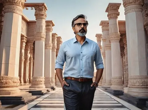 Middle-aged man, architecture designer, Delhi, India, wearing black-framed glasses, short brown hair, stubble beard, white shirt, light blue tie, dark gray trousers, black leather shoes, standing, hol