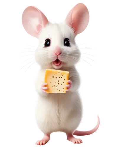 Adorable mice, cute whiskers, shiny eyes, white fur, pink nose, tiny ears, standing on hind legs, holding cheese, morning sunlight, soft focus, warm color tone, 3/4 composition, shallow depth of field