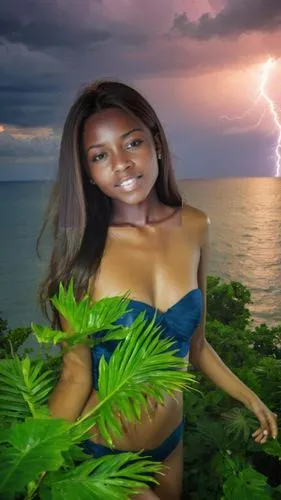 As the starting sun begins to set, a majestic tropical island emerges from the sky, leaving a trail of lightning in its wake. The leaves of the land below are illuminated by the radiant orange rays of