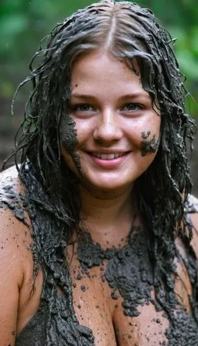 mud,muddy,messy,chubby,young woman,big boobs