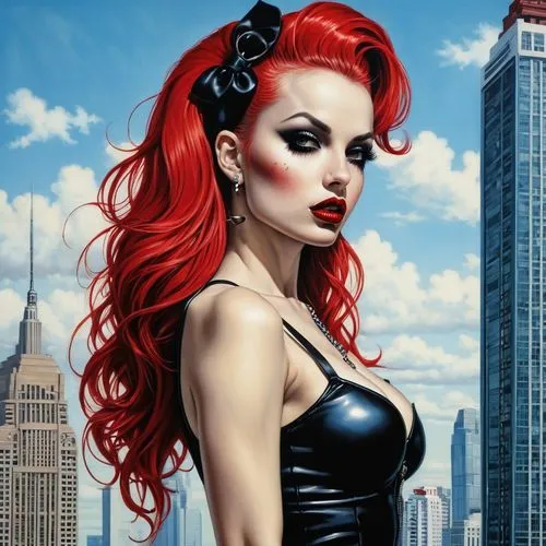 pin up girl,rockabilly style,gothic woman,red-haired,black widow,redhair,gothic portrait,rockabilly,fantasy art,pin up,valentine day's pin up,pin ups,red head,valentine pin up,pin-up girl,harley,redhead doll,fantasy woman,pin up girls,femme fatale,Illustration,Realistic Fantasy,Realistic Fantasy 10