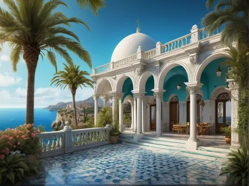 holiday villa,paradisus,marble palace,zanzibar,riad,tropical house,pool house,amanresorts,hacienda,exoticism,ramadan background,resort,luxury property,mustique,moorish,seaside resort,beachfront,islamic architectural,dreamhouse,mediterranean,Illustration,Abstract Fantasy,Abstract Fantasy 01