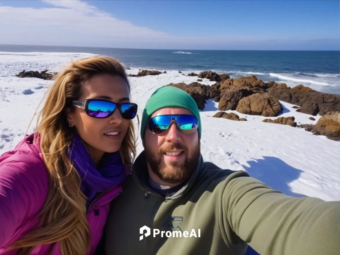 Casal tirando Selfie com fundo na neve e mar congelado,ice plant family,social,ice plant,high-altitude mountain tour,penguin couple,fisheye lens,ski touring,winter trip,seal hunting,king penguins,lovi