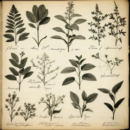 page from an old botanical manuscript, showcasing detailed sketches of plants accompanied by handwritten notes.,various plants in black and white are shown,medicinal plants,vintage botanical,garden he