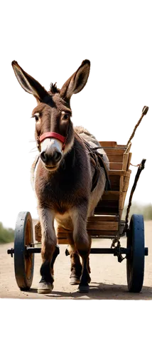 donkey, pulling a cart, brown fur, fluffy ears, bright eyes, worn leather harness, wooden cart wheels, loaded with crates, afternoon sunlight, warm lighting, shallow depth of field, 3/4 composition, r