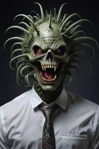 1940 portrait of a manic creaturetron of horrorcore designed by Emil Melmoth and Josh Keyes,male mask killer,hanging mask,green goblin,ghoul,halloween masks,supernatural creature,skull mask,anonymous 