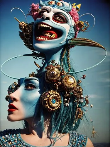 surrealist bonkers weirdness masterpiece,the carnival of venice,venetian mask,cirque du soleil,masquerade,blue enchantress,cirque,burning man,jester,adornments,hanging mask,comedy tragedy masks,voodoo