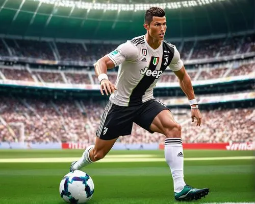 Muscular man, Cristiano Ronaldo, athletic build, short hair, facial stubble, intense gaze, wearing Juventus jersey, white shorts, Adidas cleats, standing, action pose, kicking ball, stadium, green gra