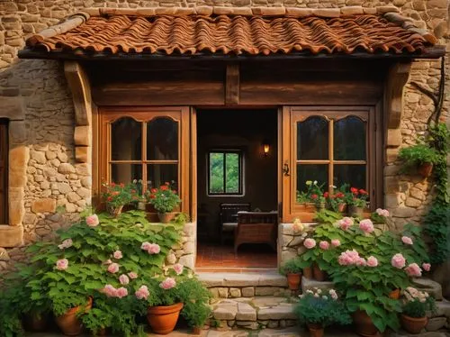 country cottage,garden door,traditional house,wooden windows,the threshold of the house,summer cottage,porch,cottage garden,french windows,beautiful home,cottage,country house,front porch,window front,front door,miniature house,wooden door,wood window,window with shutters,home landscape,Art,Classical Oil Painting,Classical Oil Painting 44