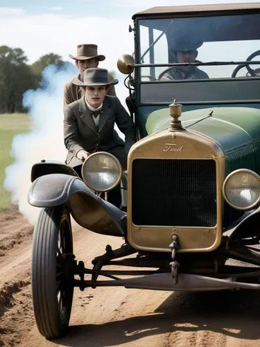 The Ford (Model T) chugs through a Texan landscape, its dark green exterior reflecting the bright sunlight. The intricate details of the old car impress the expert, while the hood looks quite rusty. S