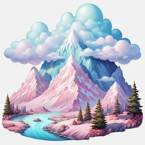 2d side sprite of a cotton candy colored mountain scene, transparent background,a mountain with a stream and trees in the foreground,cloud mountain,cloudmont,cloudcroft,mountain scene,snow mountain,mo