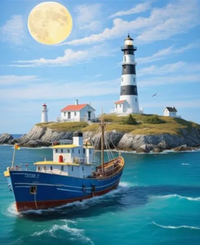 a fishing ship moves toward the lighthouse, Glowing lighthouse on the island, yellow moon, two fishing men on the ship's deck,an image of a boat with lighthouses and water,lighthouses,inishmaan,lightk