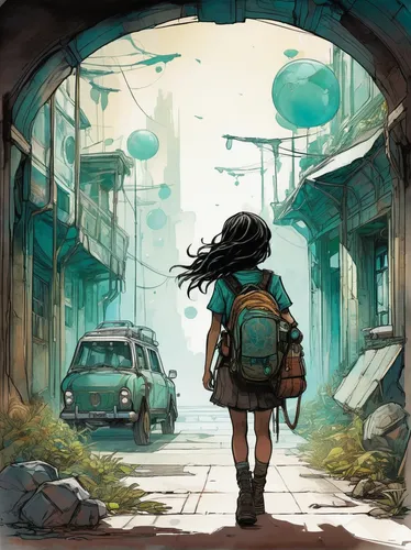 girl walking away,traveler,wander,world digital painting,post apocalyptic,sci fiction illustration,digital nomads,wanderer,travelers,studio ghibli,exploration,journey,destination,where to go,going home,leave behind,wanderlust,the road,leaving,backpacker,Illustration,Realistic Fantasy,Realistic Fantasy 23