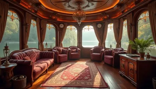 Art Nouveau boathouse, luxurious interior, curved lines, ornate decorations, wooden accents, stained glass windows, soft warm lighting, elegant chandeliers, plush velvet sofas, intricately carved wood