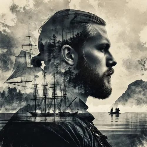 (double exposure ink painting:1.4), by Christoffer Relander, silhouette of mannerism viking portrait at the silhouette drakkar viking sails ship, norse folklore, (double exposure textures:1.3), (multi