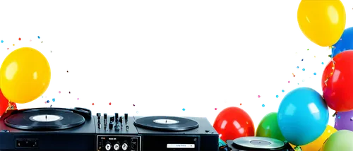 Happy birthday, colorful balloons, confetti, musical notes, DJ equipment, speaker, microphone, vinyl records, CD player, bright stage lights, vibrant colors, energetic atmosphere, dynamic composition,