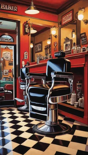 barber shop,barbershop,barber chair,barber,retro diner,david bates,soda fountain,pomade,soda shop,butcher shop,harley-davidson,clark's,colored pencil background,fifties,the long-hair cutter,hairdressing,salon,shoeshine boy,bakery,hairdressers,Illustration,American Style,American Style 05