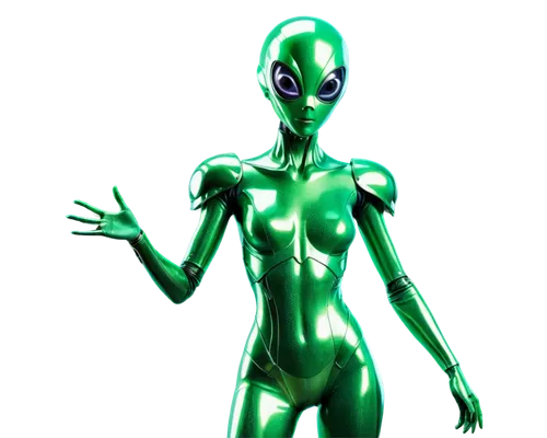 Alien, green skin, big eyes, slender body, long fingers, metallic suit, silver helmet, breathing mask, standing, heroic pose, shiny metal, neon lights, dark background, cinematic composition, high con