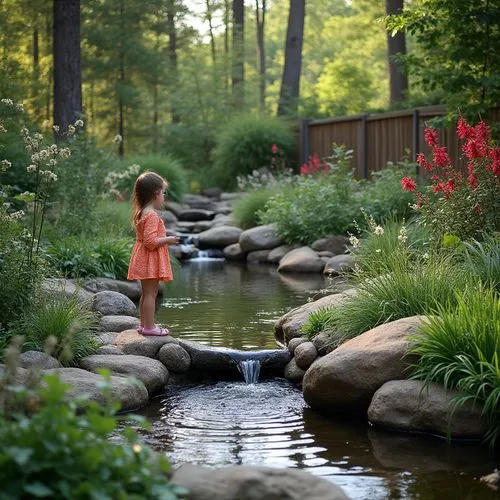 toddler walking by the water,girl in the garden,garden pond,girl picking flowers,nature garden,streamside