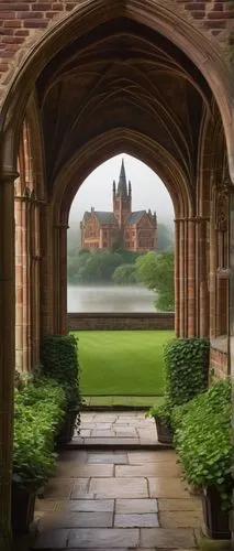 Grand, British-style boarding school, Gothic architecture, red brick walls, tall spires, stained glass windows, intricate stone carvings, ivy-covered facade, sprawling green campus, rolling hills, ser