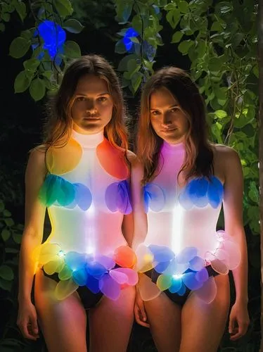 Both women are illuminated frontally by studio soft boxes’ light.,neon body painting,uv,rainbow butterflies,light art,drawing with light,light paint,glow in the dark paint,light painting,neon ghosts,l