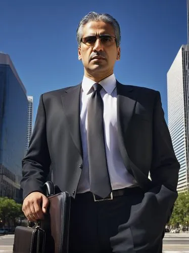 Middle-aged man, Saman Kazemi, standing, confident posture, wearing a suit, white shirt, black tie, formal shoes, holding a briefcase, city street, skyscraper, modern architecture, sunny day, clear bl