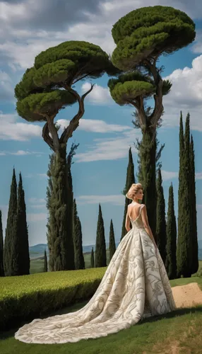 circular cypress trees in Tuscany,wedding photography,olive grove,tuscany,olive tree,arizona cypress,ordinary boxwood beech trees,tuscan,poplar tree,wedding gown,wedding photo,bridal dress,girl with t