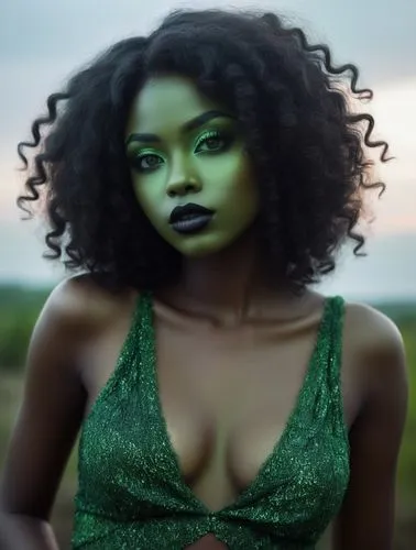 nude Beautiful nigerian girl, full dark curly hair, big green almond eyes, full black lips, misty sky,a woman wearing a green  top,gamora,matangi,afrofuturism,azealia,ikpe,kelefa,Illustration,Abstract