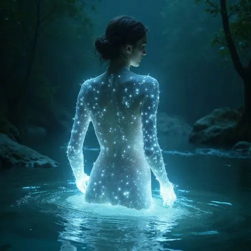 naiad,bioluminescent,water nymph,immersed,water pearls,neon body painting,Photography,General,Fantasy