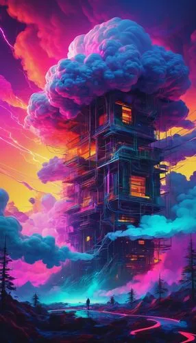 mushroom landscape,futuristic landscape,treehouse,sky apartment,fantasy landscape,vapor,world digital painting,tree house,lonely house,skyscraper,3d fantasy,dusk,sky,chinese clouds,mushroom island,colorful city,clouds,intense colours,cloud towers,fantasy city,Conceptual Art,Oil color,Oil Color 02