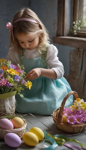 Compose a whimsical poem describing the joy of decorating Easter baskets with colorful ribbons and flowers.,painting easter egg,easter-colors,painting eggs,flower painting,easter theme,girl picking fl