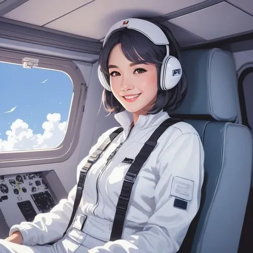 ertelle eine frau sitzend in einem sitz im cockpit einer Cessna 150 mit weißem Fliegeroverall, lächelnd,stewardess,flightsafety,cocaptain,piloting,aviatrix,piloty,airpod,pilot,superscooper,flightdeck,