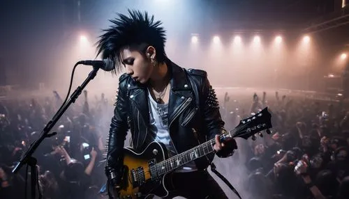 Jrock singer, masculine, cool, 25yo, spiky black hair, bold eyeliner, silver earrings, black leather jacket, white shirt, ripped jeans, black boots, guitar, microphone, spotlight, concert stage, night