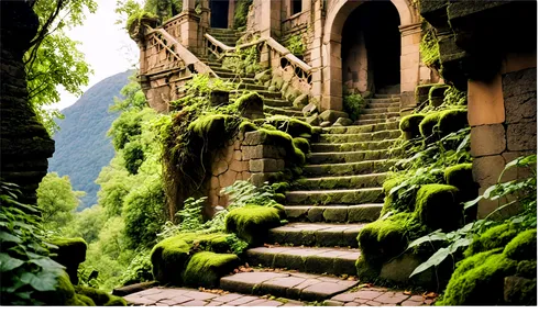 rivendell,stone stairway,winding steps,drachenfels,stone stairs,dracula castle,sempervirens,moss landscape,witch's house,fernery,eltz,terraced,kykuit,cochem castle,conques,wudang,stairways,monserrate,theed,ghost castle,Illustration,Abstract Fantasy,Abstract Fantasy 11