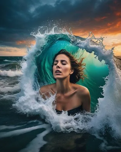 A thought-provoking conceptual photograph featuring a woman with a pained expression, forcefully tearing at the sea as if it were delicate paper. The waves crash around her, revealing a vibrant, multi