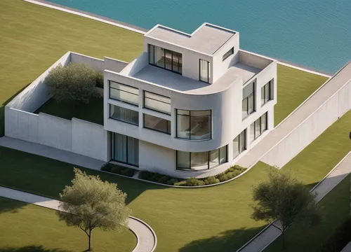 Drone View. A modern-style house with a curved facade, situated on a corner plot.,3d rendering,modern house,dunes house,modern architecture,house by the water,render,house with lake,beach house,luxury