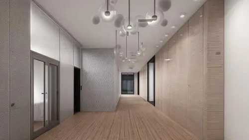 a corridor between a building and a floor with a wood floor,hallway space,hallway,ceiling lighting,ceiling light,ceiling lamp,walk-in closet,ceiling construction,contemporary decor,interior modern des