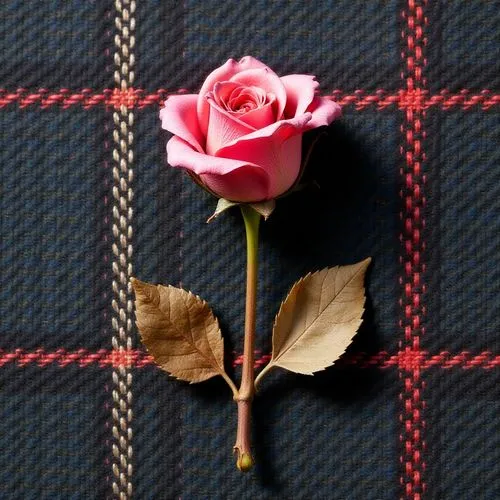 The image showcases a single, small, dried pink rose placed on a textured fabric. The fabric is woven with strands of gray, black, red, and blue threads, creating a plaid pattern. The overall color sc