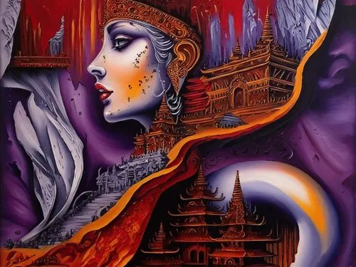 Passion Sexy Painting ,Naked Woman  Abstract Body Art Oil Painting,a painting of a woman with long hair and a city behind her,frollo,dolorosa,viveros,la violetta,the carnival of venice,mephistopheles,