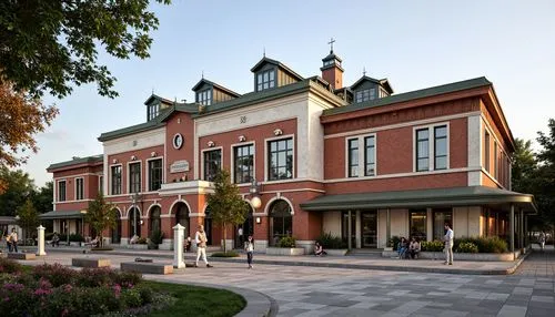 Elegant bus station, academic architectural style, symmetrical facade, grand entrance, ornate details, classical columns, arches, rusticated stone walls, red brick cladding, steeply pitched roofs, dor