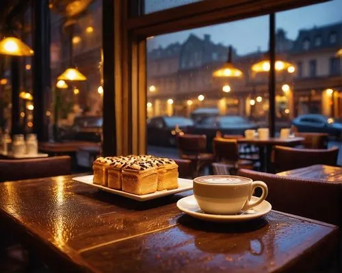 Cozy noght cafe, warm lighting, wooden tables, leather chairs, aromatic coffee beans, steam rising from espresso machines, delicious pastries on display, soft jazz music, intimate atmosphere, city nig