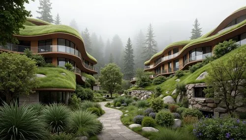 Seamless blend of building and nature, organic curves, lush green roofs, native plant species, meandering walkways, natural stone walls, wooden accents, earthy color palette, soft diffused lighting, m