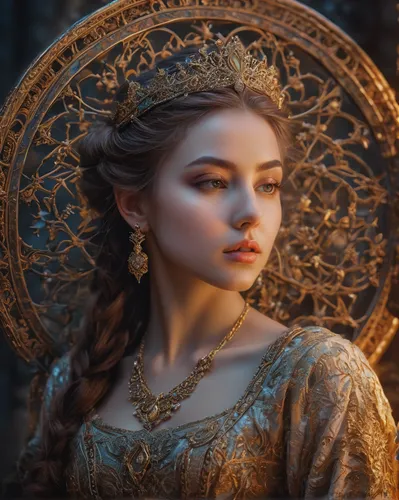 fantasy portrait,celtic queen,mystical portrait of a girl,cinderella,romantic portrait,golden crown,diadem,fairy tale character,accolade,enchanting,celtic woman,fantasy art,fantasy picture,gold crown,faery,fairy tale icons,golden wreath,gold filigree,fairy queen,queen anne,Photography,General,Fantasy