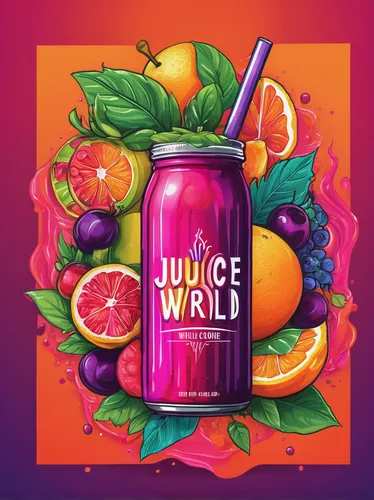 Design a vibrant Juice Wrld logo with a modern touch.,fruit juice,juice,juicer,juices,juicebox,juicy citrus,fruit and vegetable juice,fruitcocktail,the juice,wall,packshot,colorful foil background,gua